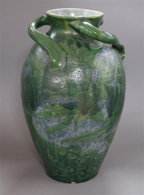 A large Brannam three handled pottery bird vase, 1902 Height 41cm
